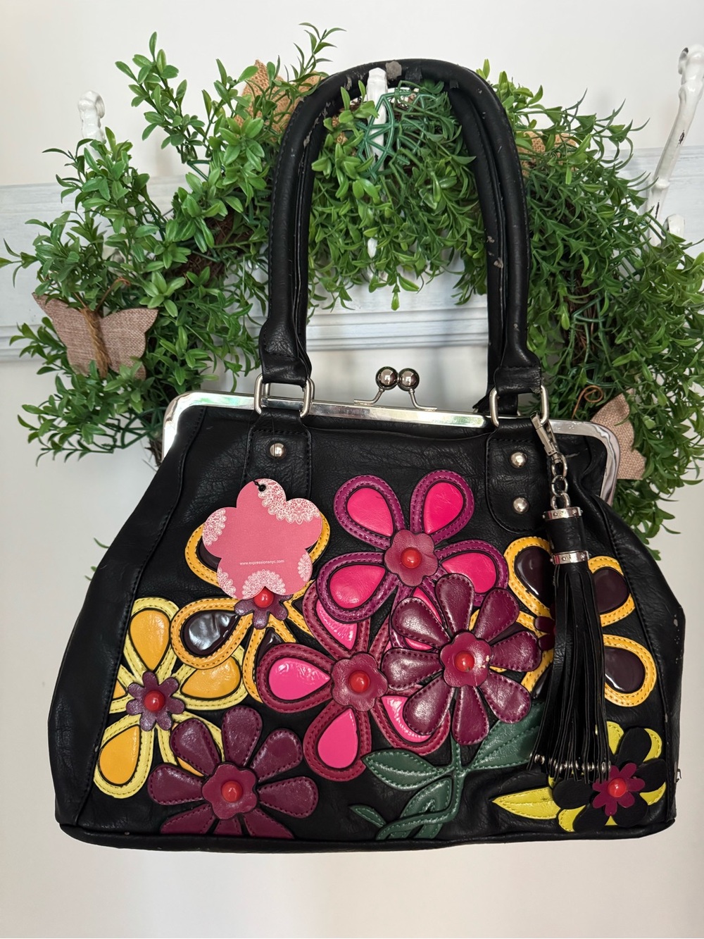 Black Floral Appliqué Satchel with Pink & Yellow Flowers